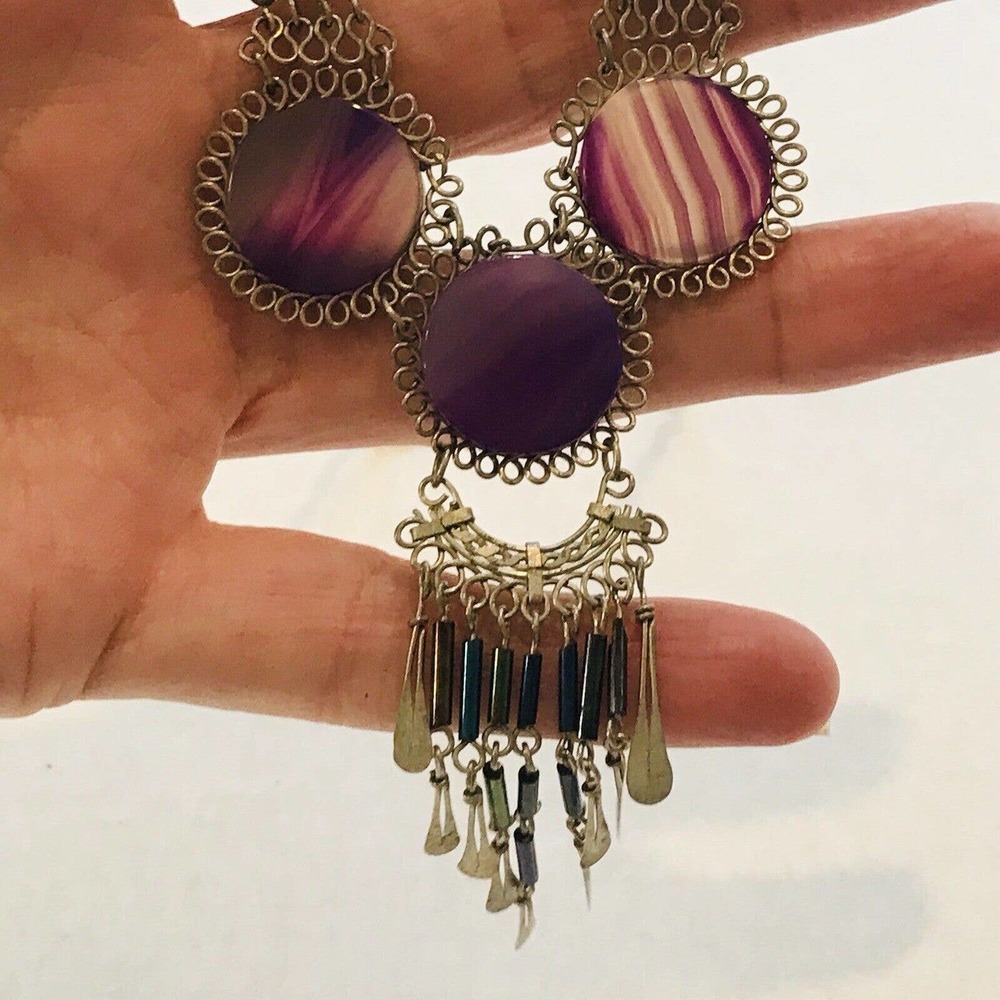 Purple Agate Stone Pendant Necklace Circles Iridescent Beads Dangle Waterfall